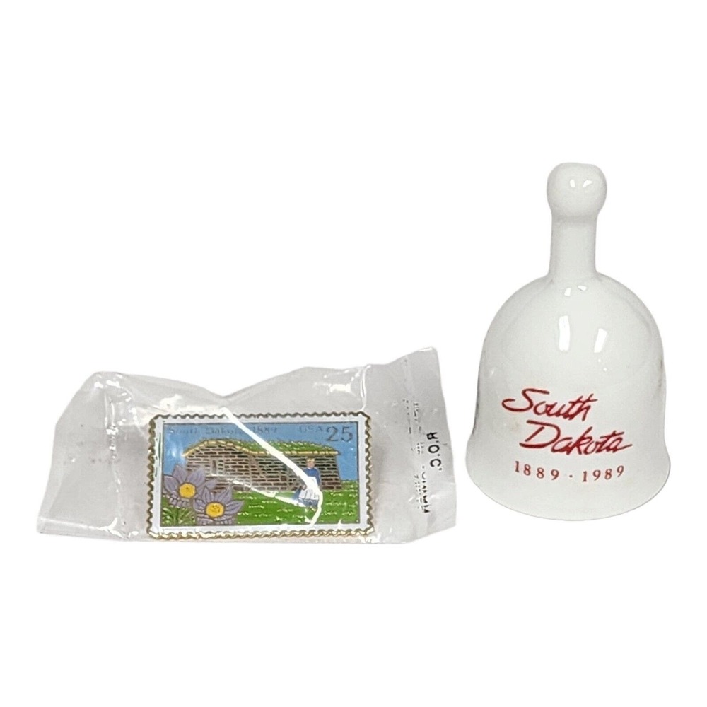 South Dakota 1889-1989 Bell & Centennial Lapel Pin 25 Cent Stamp Vtg Collectible